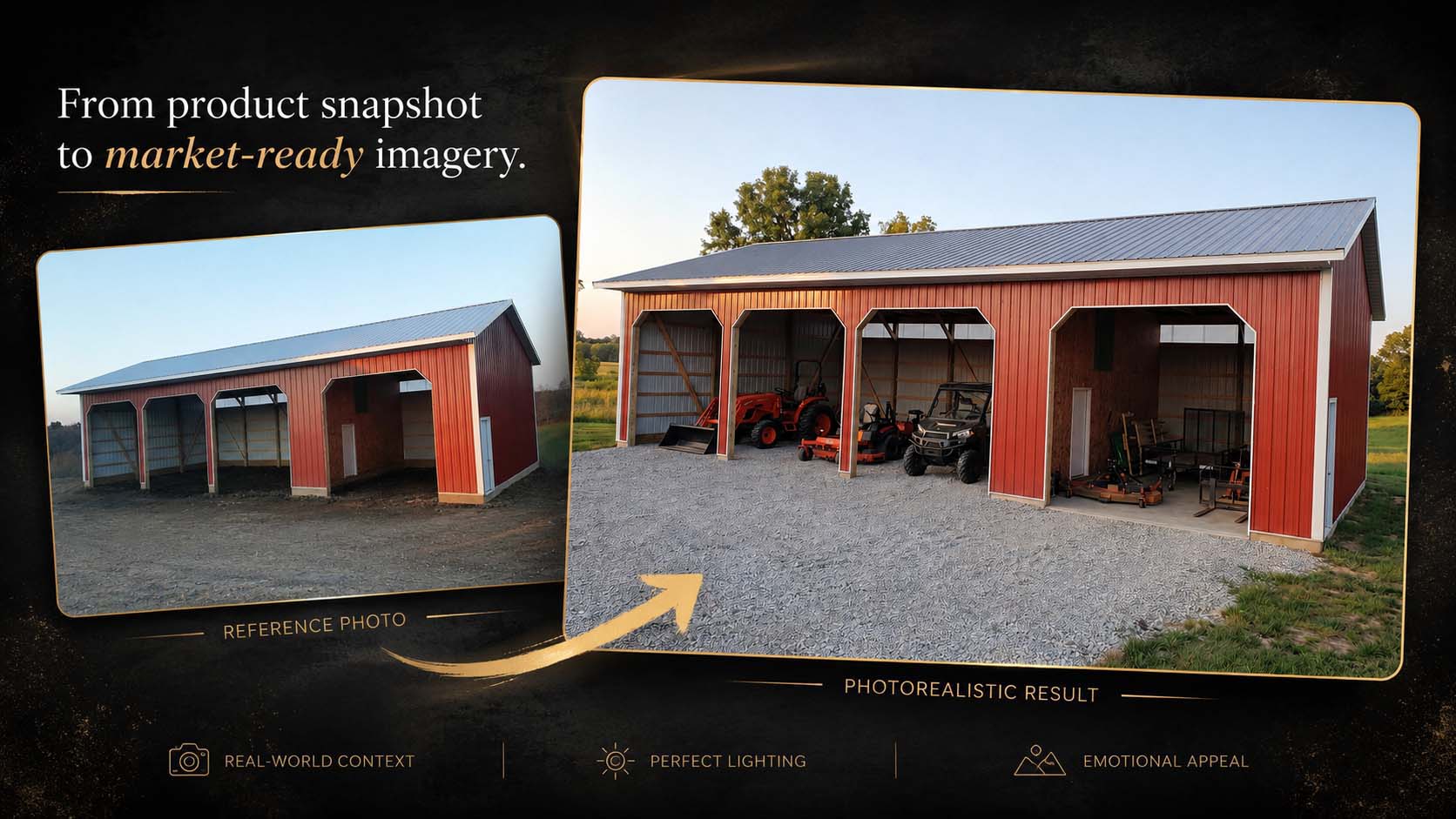 Equipment building transformation from product snapshot to photorealistic market-ready scene.