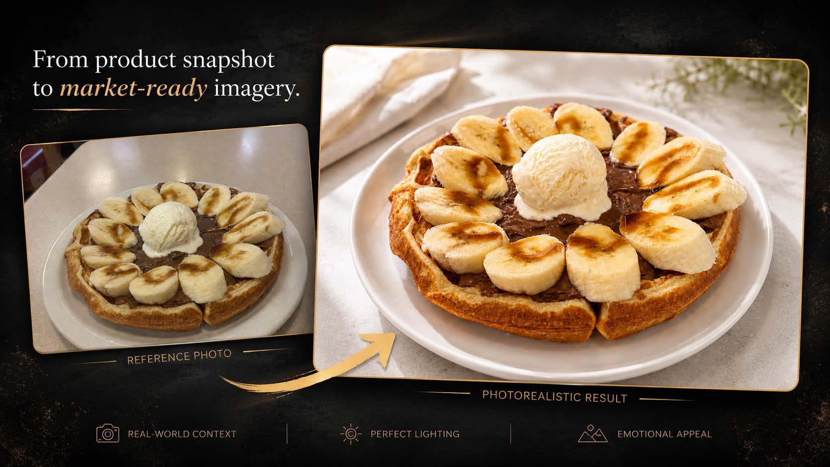 Waffle dessert transformation from product snapshot to photorealistic market-ready image.